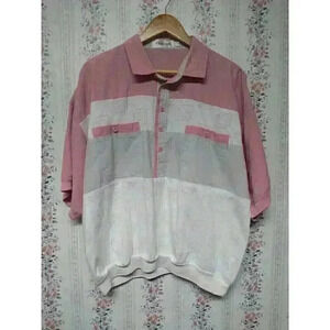 Vtg 80s Oleg CASSINI Mens XL SEERSUCKER Banded Waist Polo shirt Pink & White